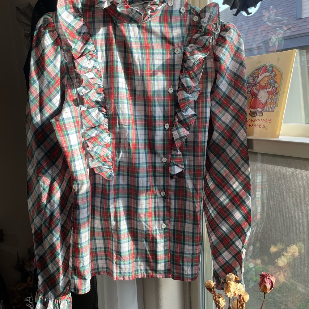 Vintage 80s high neck ruffle plaid button front shirt - Picture 12 of 13